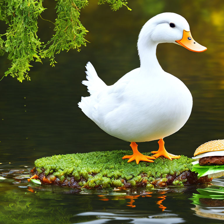 White Duck with Orange Feet Next to Hamburger on Mossy Patch