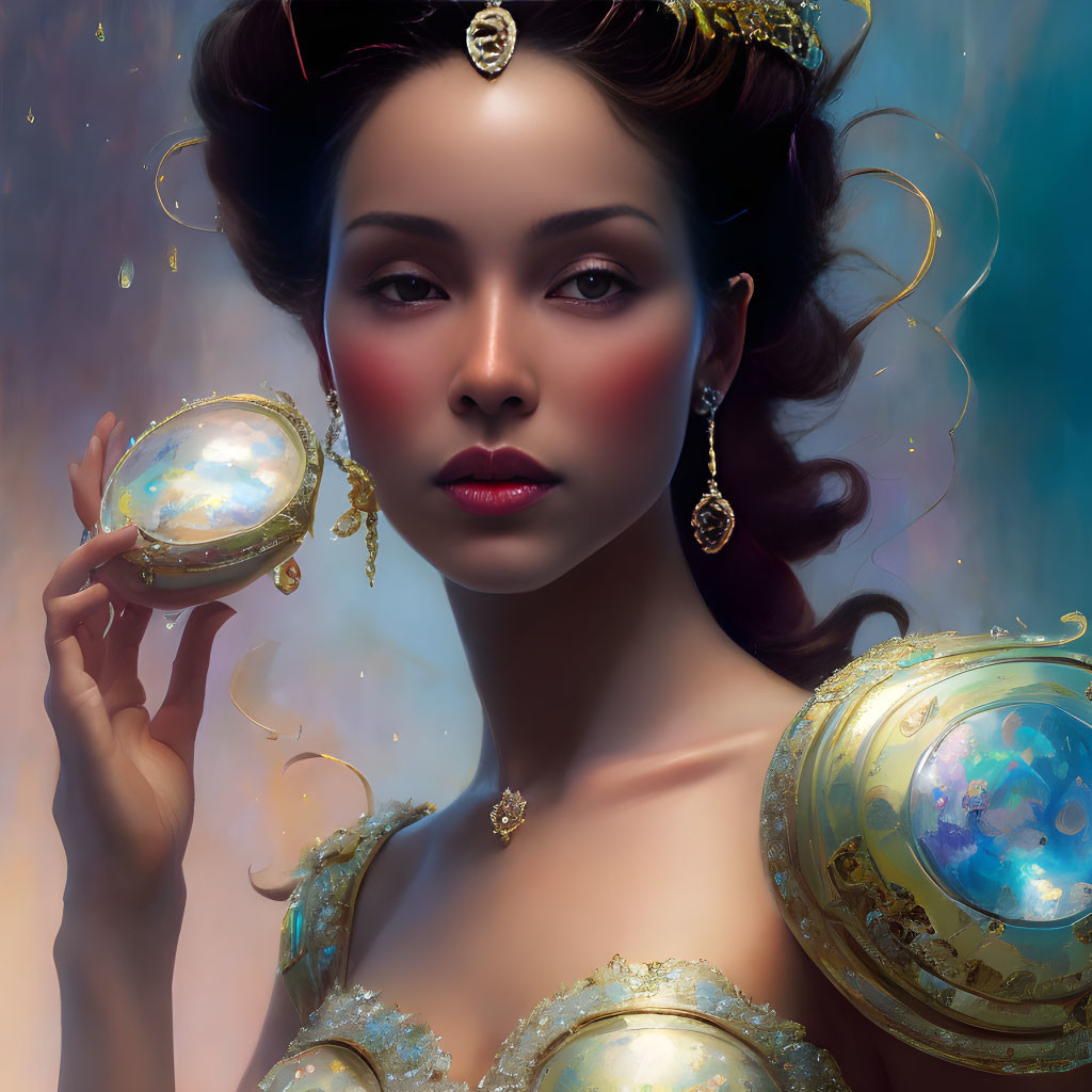 Elegant woman with glowing orb in mystical setting