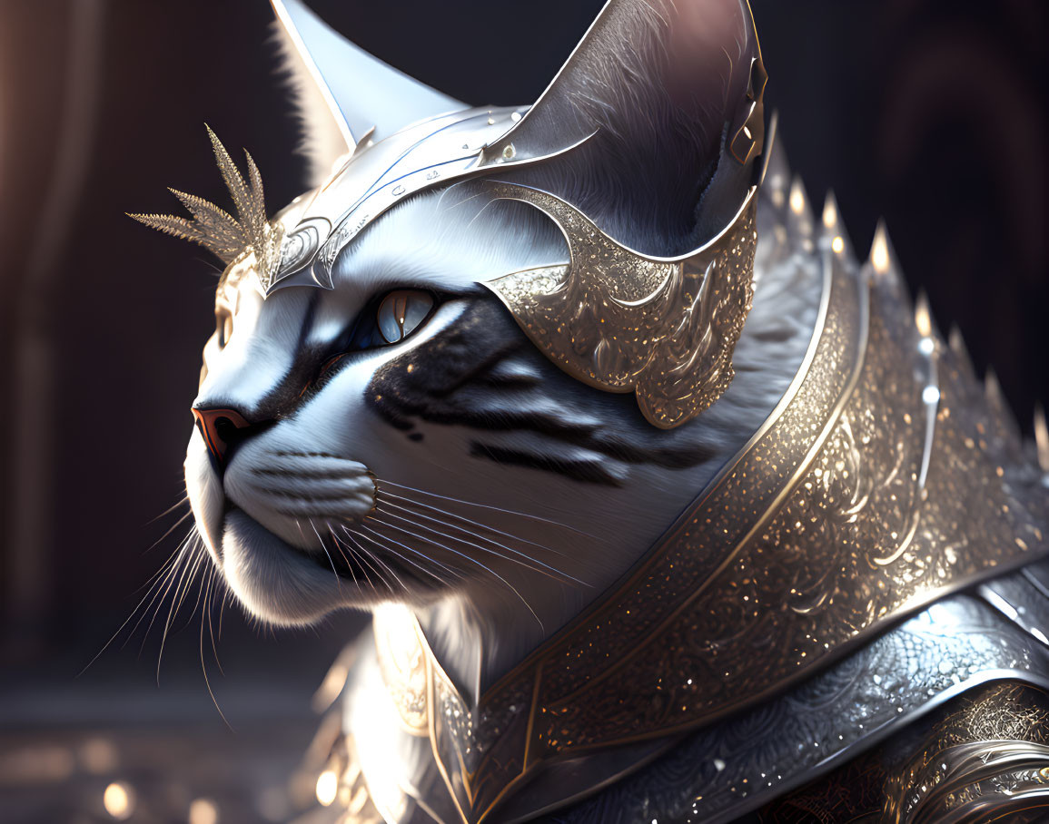 Detailed 3D illustration of majestic cat in silver armor with golden accents