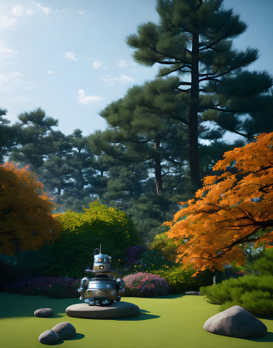 Tranquil garden scene with orange autumn trees, greenery, rocks, and whimsical robot by