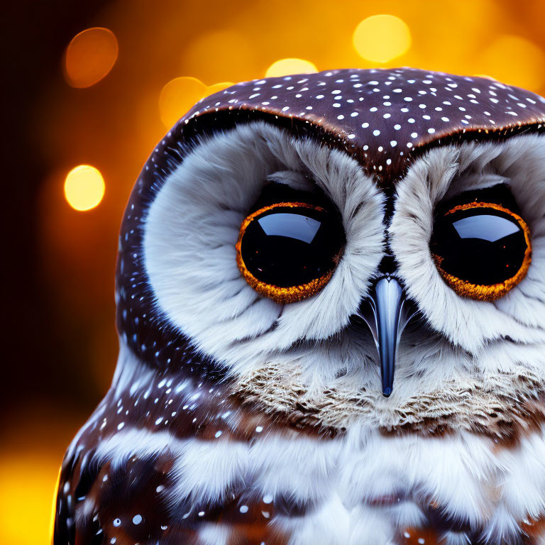 Striking orange-eyed owl with speckled plumage in warm golden light