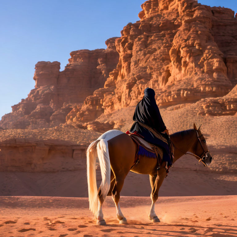 Person in traditional attire riding horse in vast desert with towering rock formations