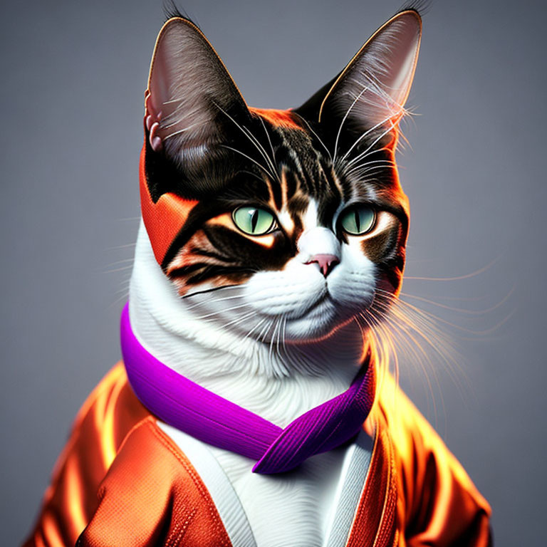 Digital Artwork: Cat with Human-like Features in Orange Astronaut Suit