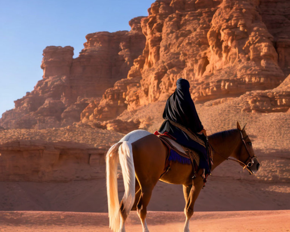 Person in traditional attire riding horse in vast desert with towering rock formations