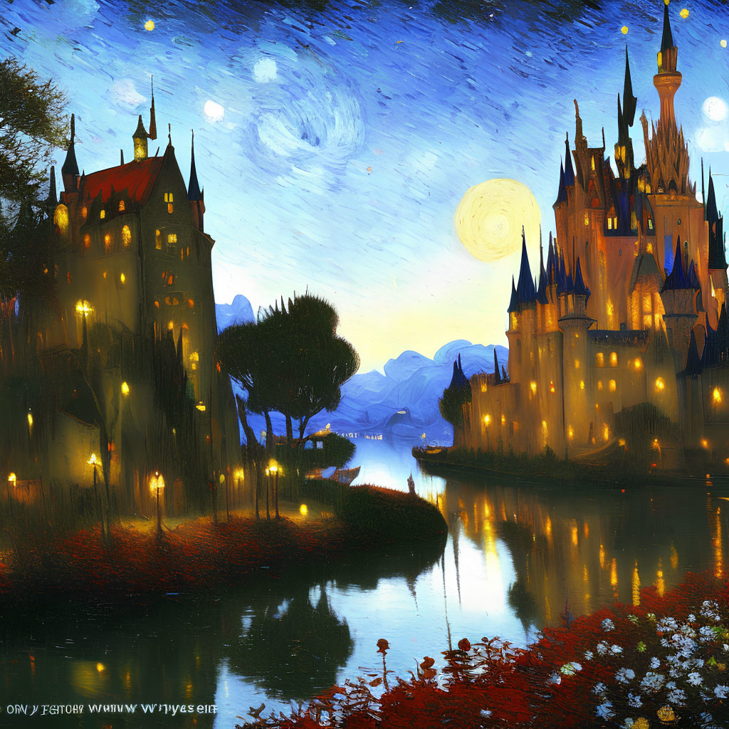 Night scene: castle near river with starry sky, trees, flowers