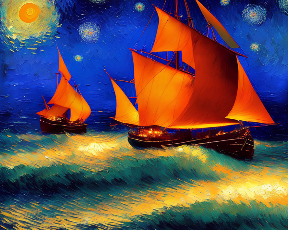 Colorful Van Gogh-style painting: Orange sailboats on wavy sea under starry night sky