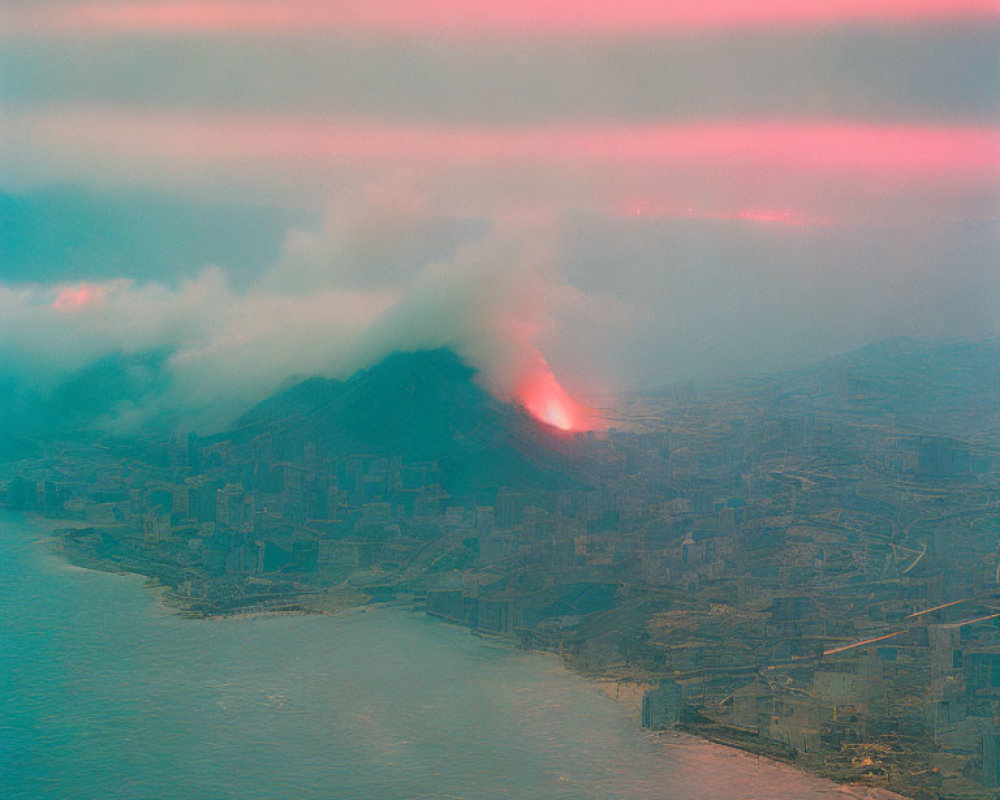 Coastal City at Dusk with Erupting Mountain