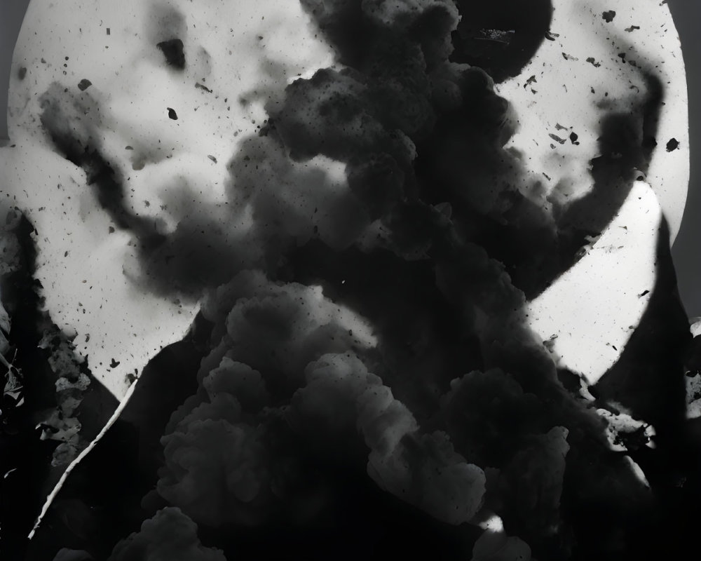 Artistic monochrome eclipse scene with textured moon and billowing smoke.