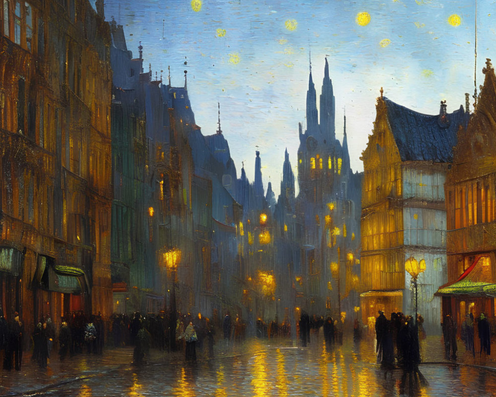 Illuminated evening street scene with starry sky in old European city