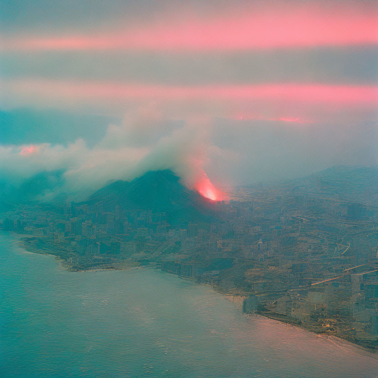 Coastal City at Dusk with Erupting Mountain