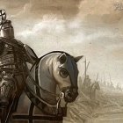 Armored knights with lances on dusty plain under dramatic sky