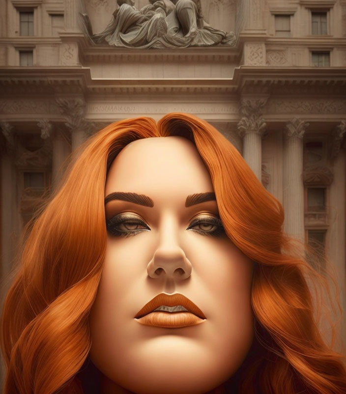 Red-haired woman with makeup against ornate building in illustration