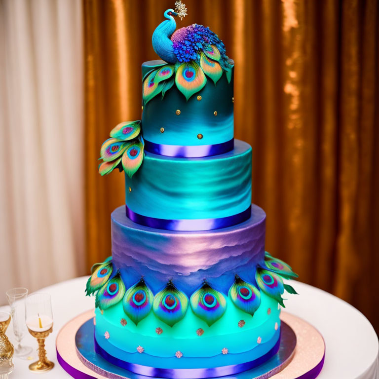 Vibrant blue and purple peacock-themed multi-tiered cake with edible feathers