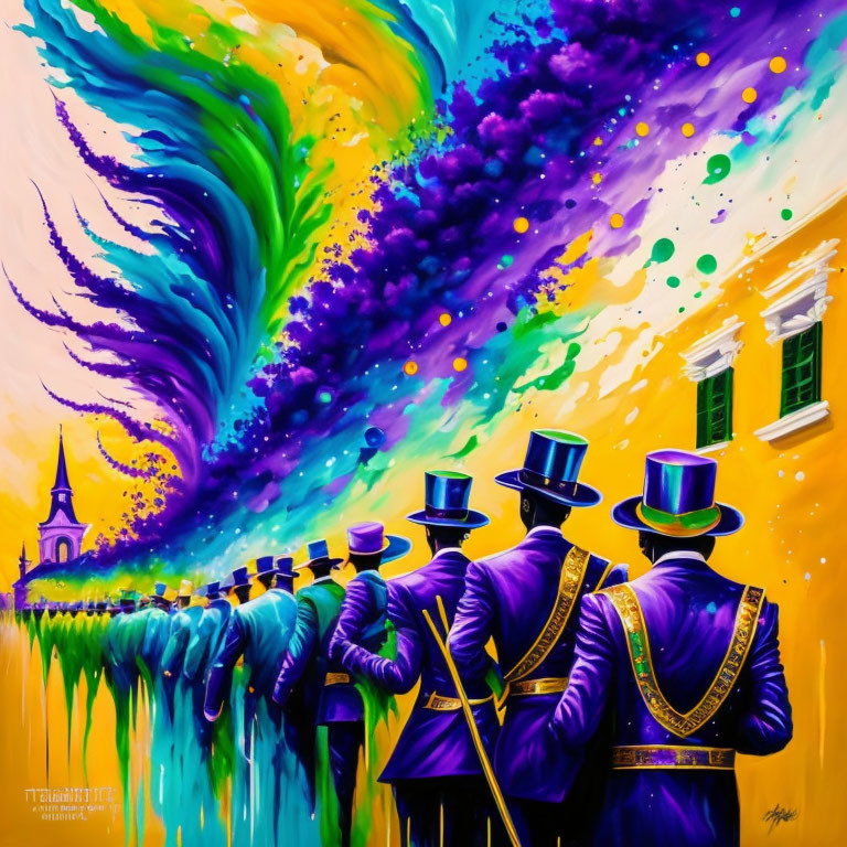 Colorful painting of figures in purple marching band uniforms and top hats against a backdrop of swirling colors symbol