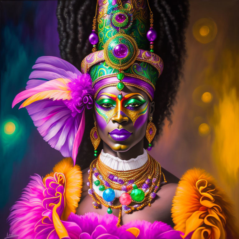 Colorful Carnival Makeup and Costume with Peacock Feather Design