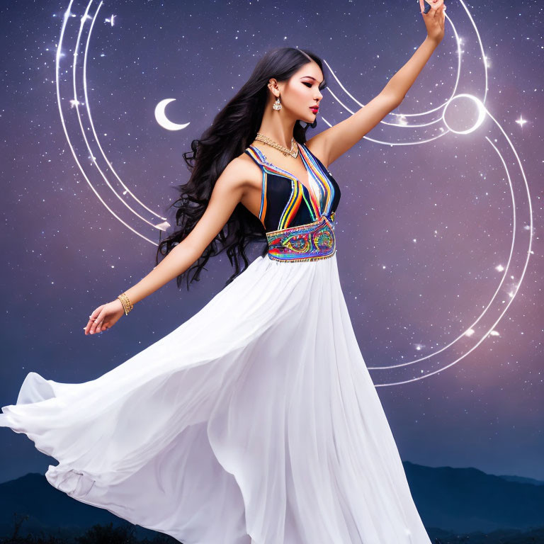 Woman in white dress against celestial backdrop with moons.