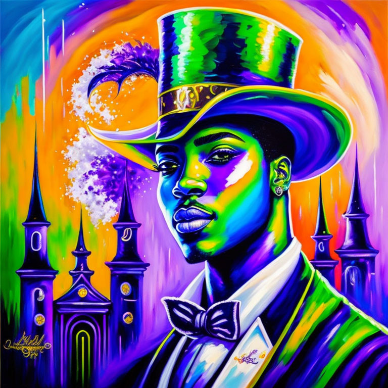 Colorful portrait of person in top hat against abstract background