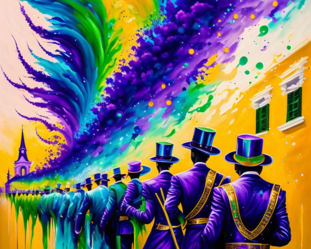 Colorful painting of figures in purple marching band uniforms and top hats against a backdrop of swirling colors symbol