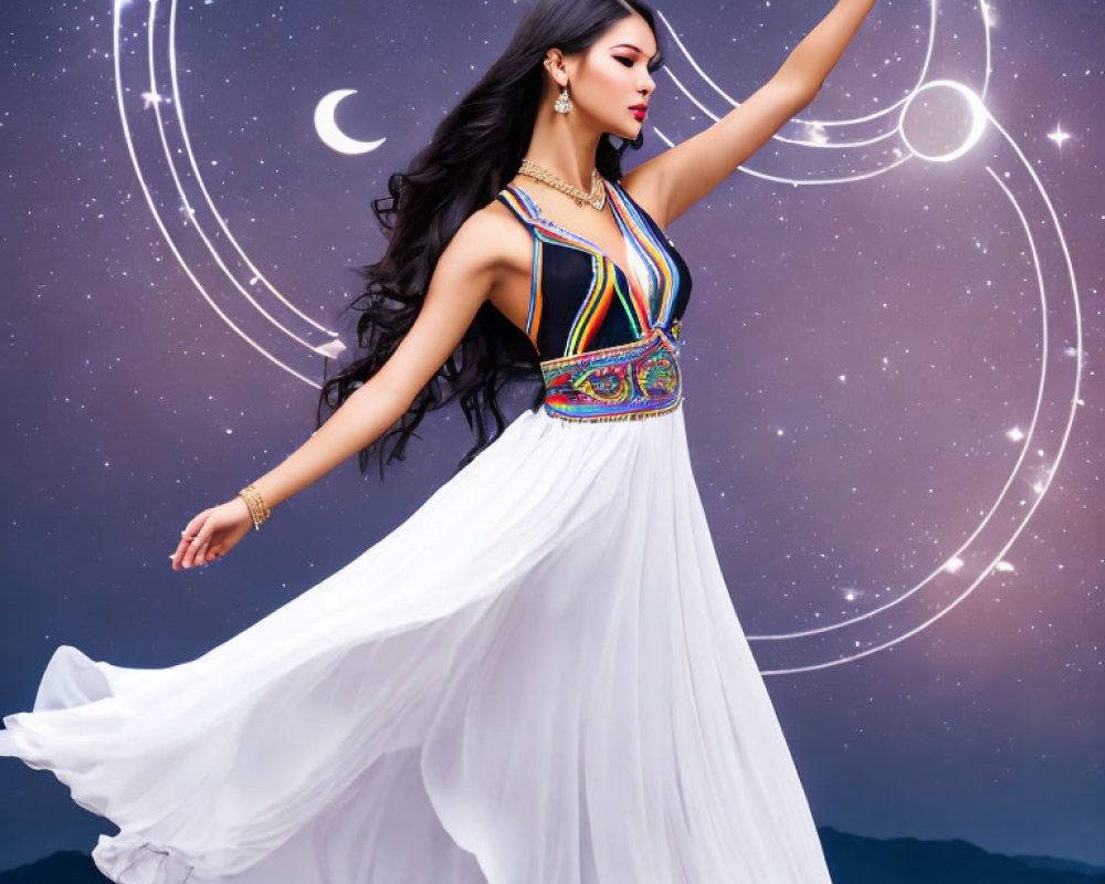 Woman in white dress against celestial backdrop with moons.