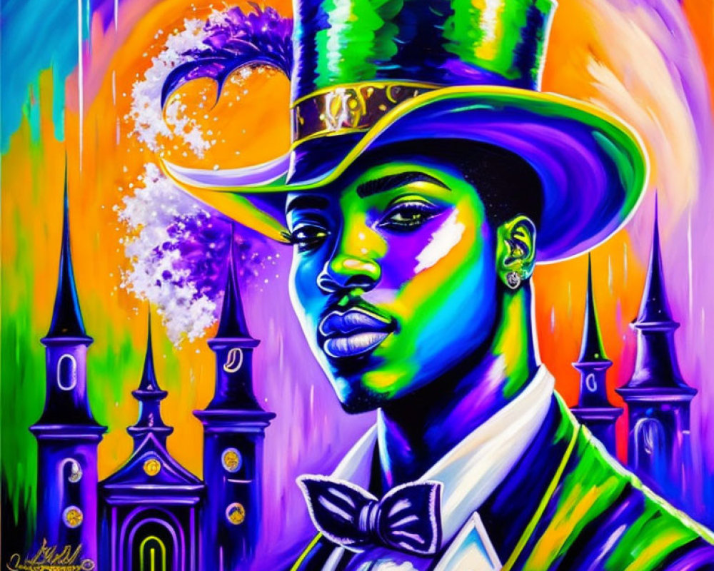 Colorful portrait of person in top hat against abstract background