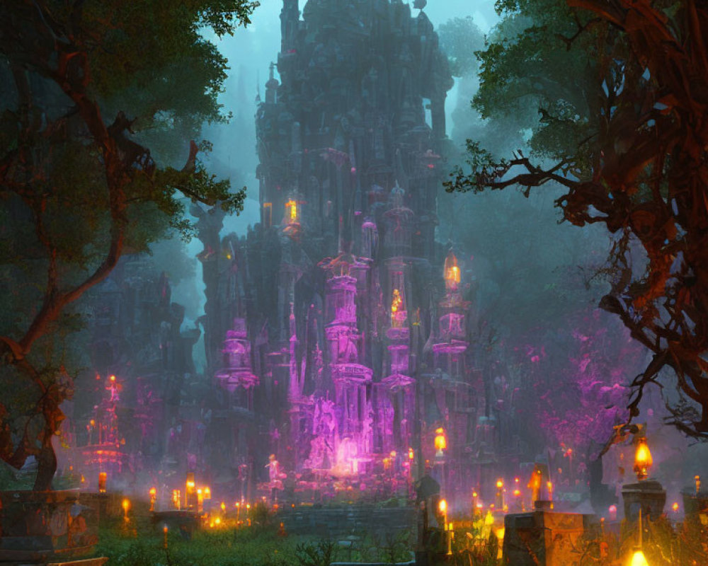 Mystical illuminated castle in dense forest at night