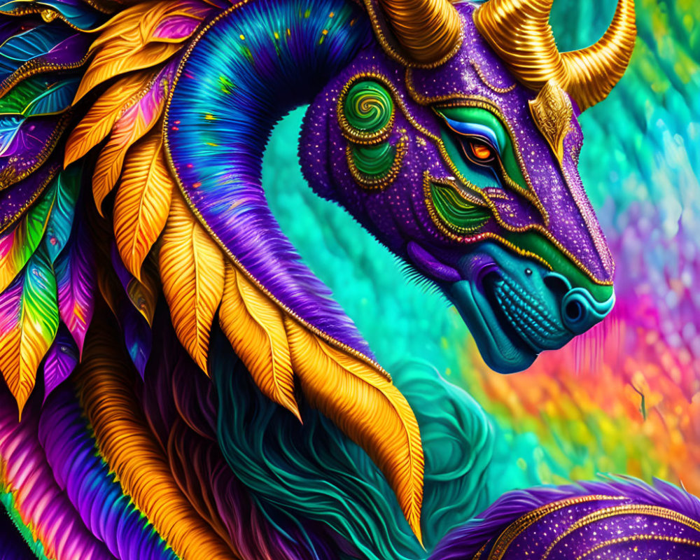 Colorful Mythical Dragon with Iridescent Scales on Psychedelic Background