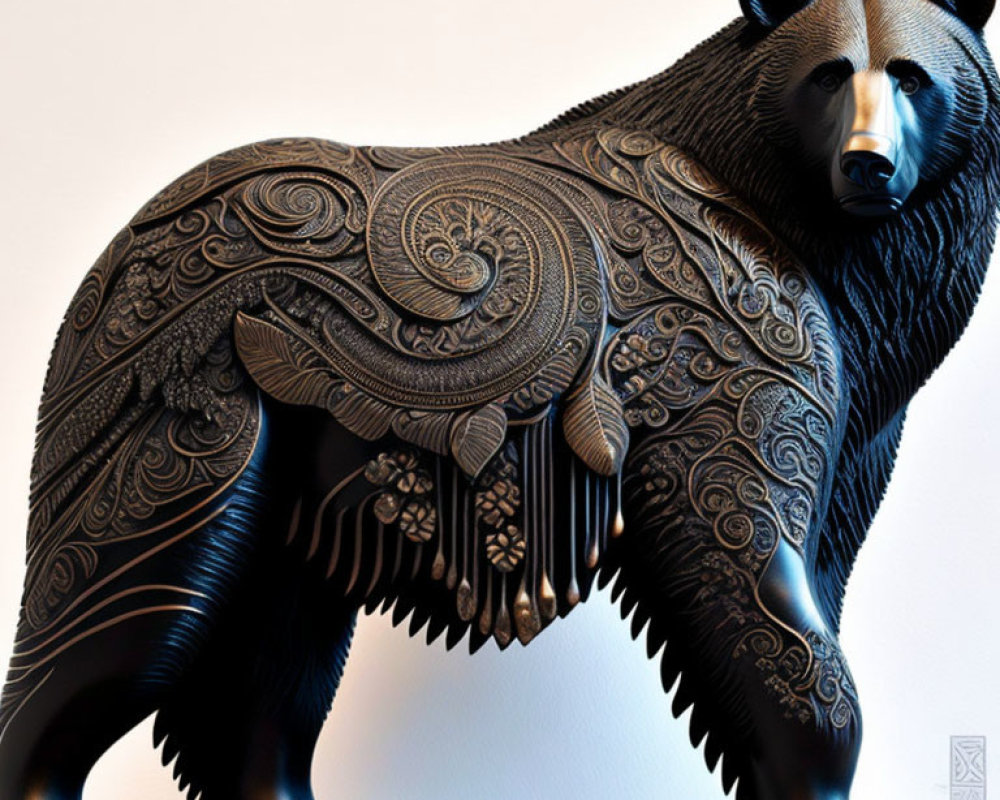 Intricate Bear Sculpture with Ornate Patterns on Black Surface