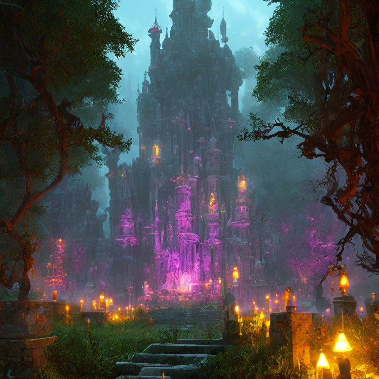 Mystical illuminated castle in dense forest at night