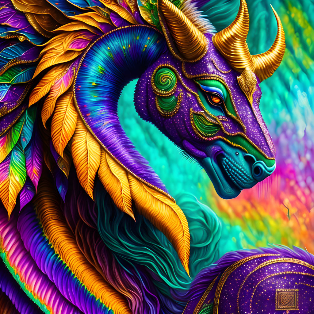 Colorful Mythical Dragon with Iridescent Scales on Psychedelic Background