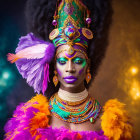 Colorful Carnival Makeup and Costume with Peacock Feather Design