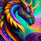 Colorful Mythical Dragon with Iridescent Scales on Psychedelic Background