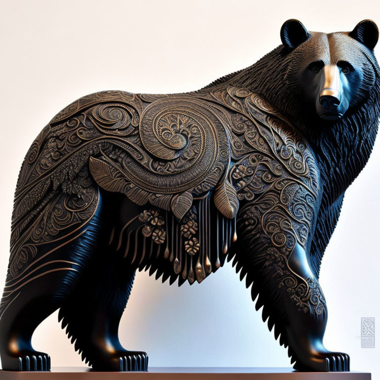 Intricate Bear Sculpture with Ornate Patterns on Black Surface