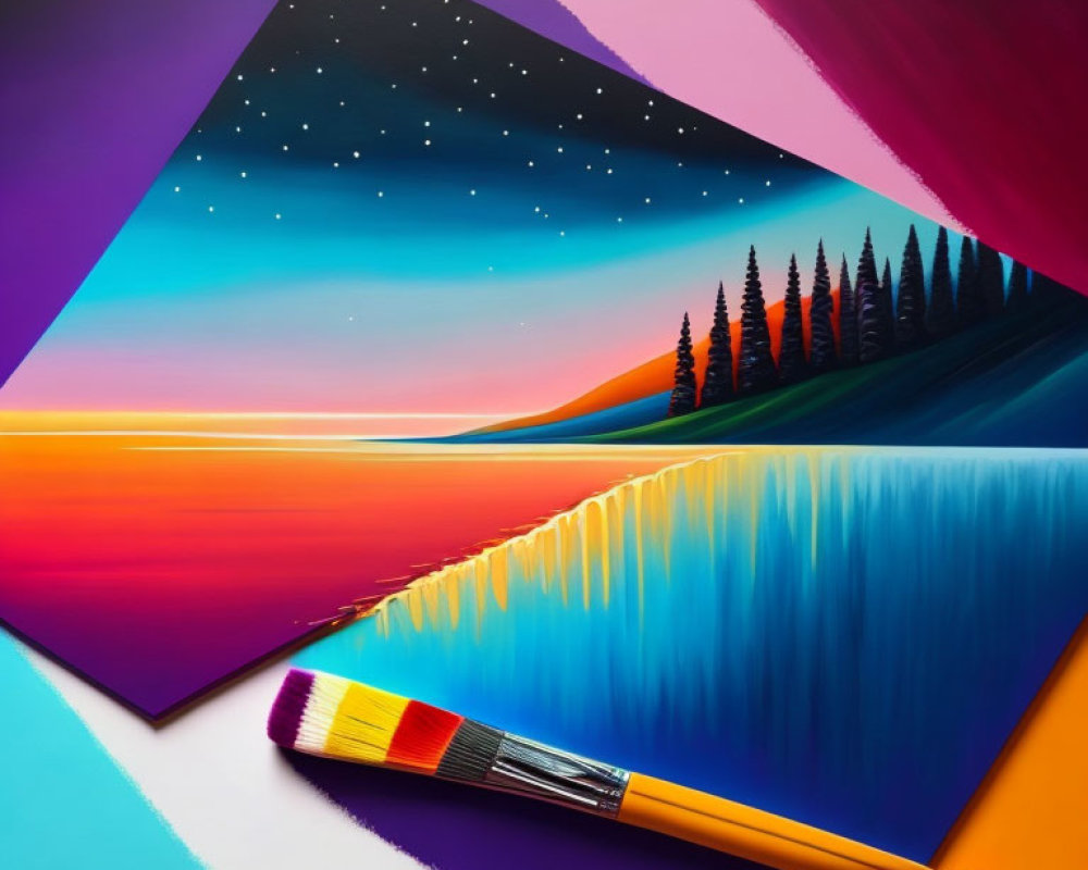 Colorful Surrealist Painting of Geometric Landscape with Stars and Trees