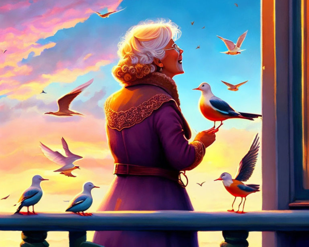 Elderly woman in purple dress with bird in hand under vibrant sunset sky