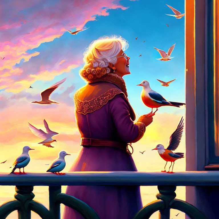 Elderly woman in purple dress with bird in hand under vibrant sunset sky