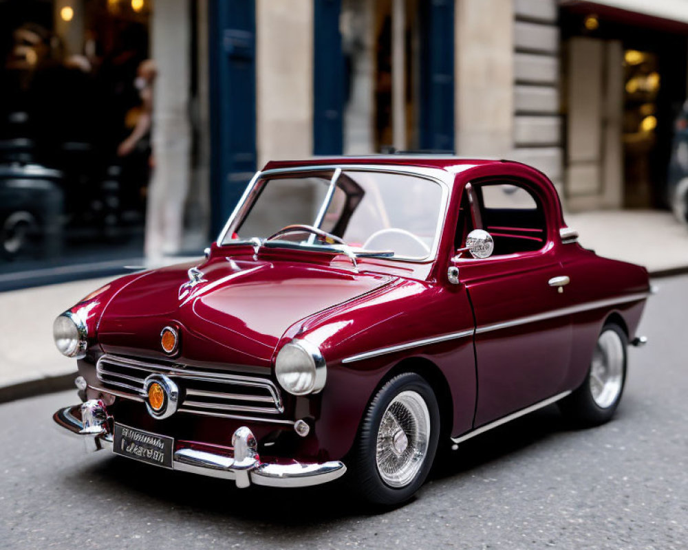 Detailed Classic Burgundy Car Model with Chrome Detailing on City Street