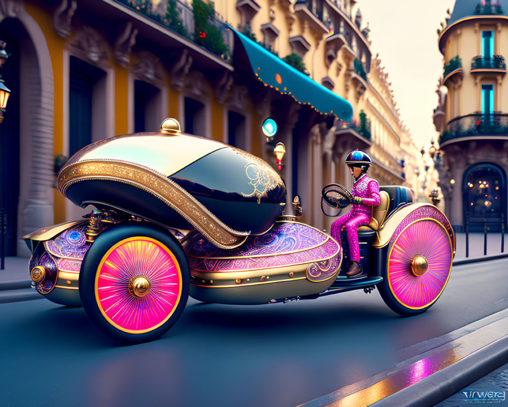 Ornate futuristic vehicle with glowing wheels and vintage-clad driver on city street