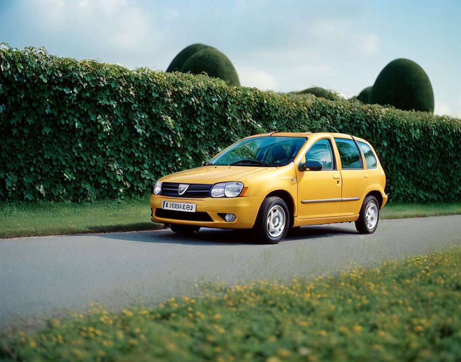 Bright Yellow Car Parked Near Manicured Hedges under Clear Sky