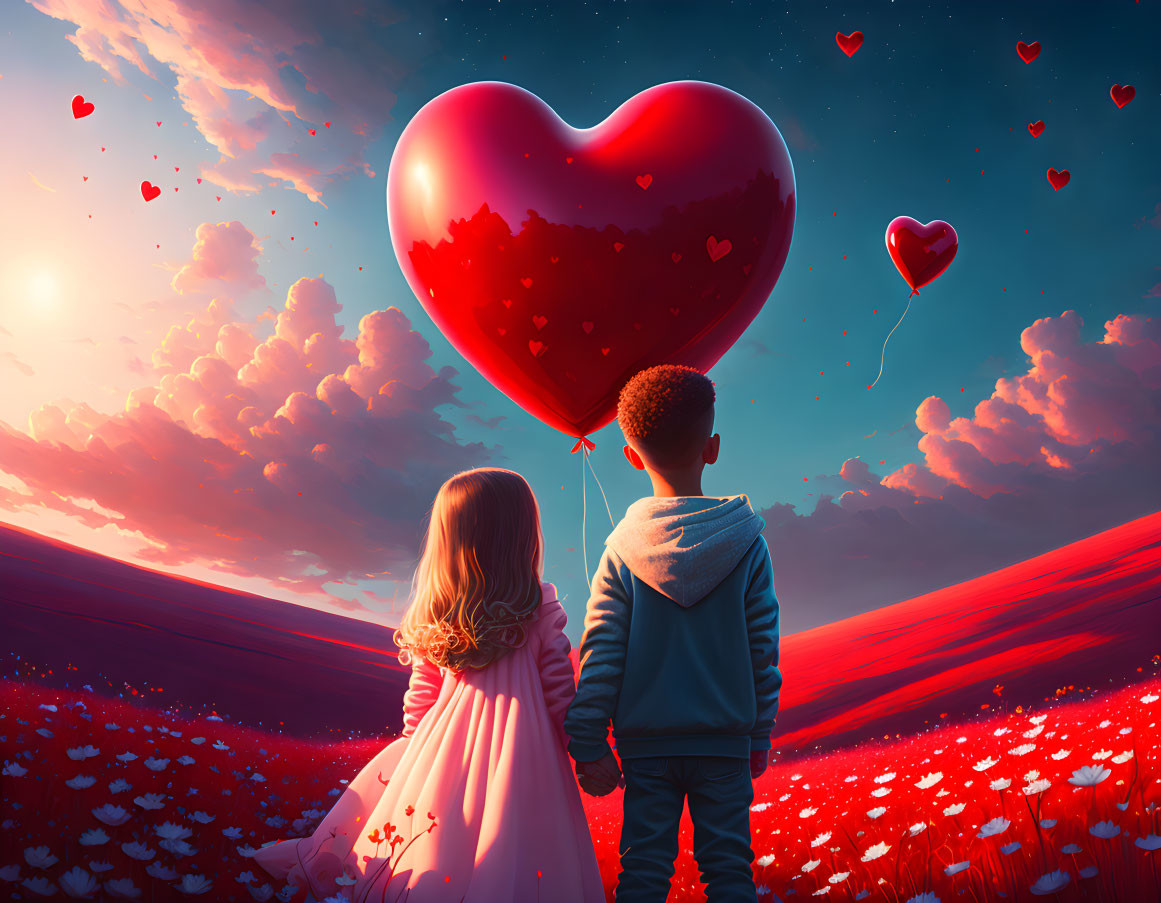 Children with heart-shaped balloon in flower field under sunset sky.