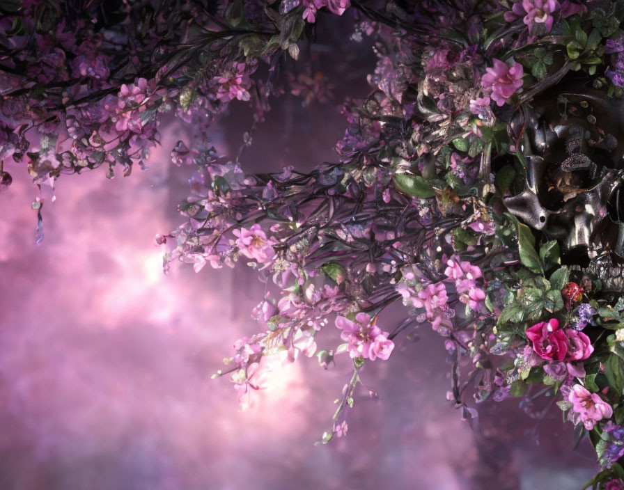 Delicate pink blooms and twisting branches in ethereal scene