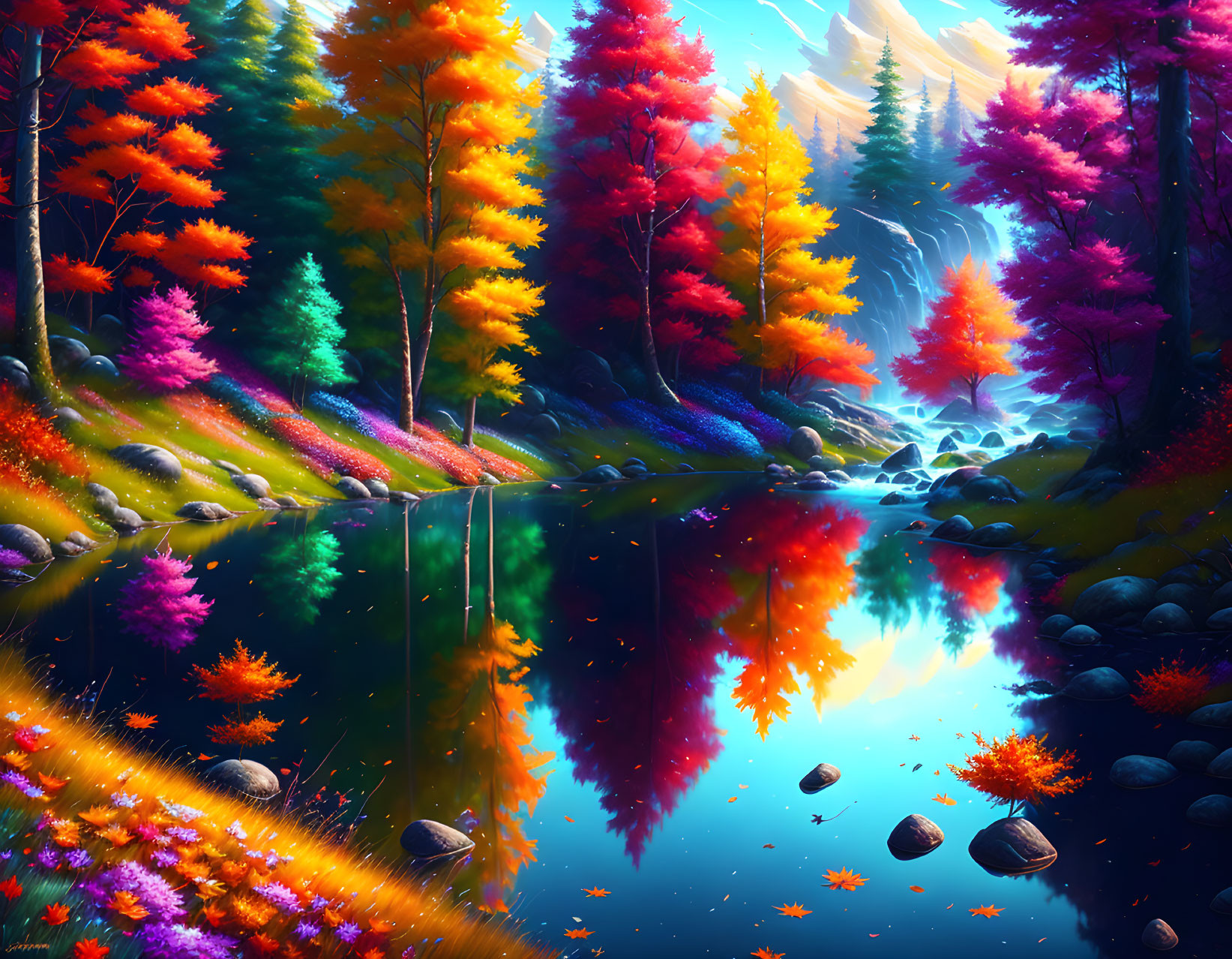 Colorful Autumn Forest Reflecting in Calm River