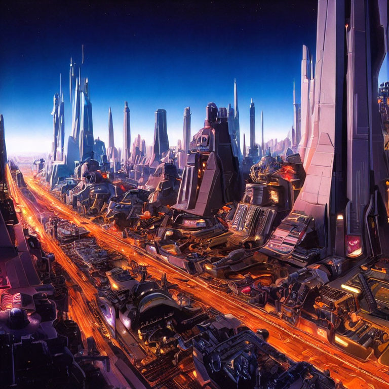 Futuristic cityscape with skyscrapers, neon lights, and glowing traffic lanes.