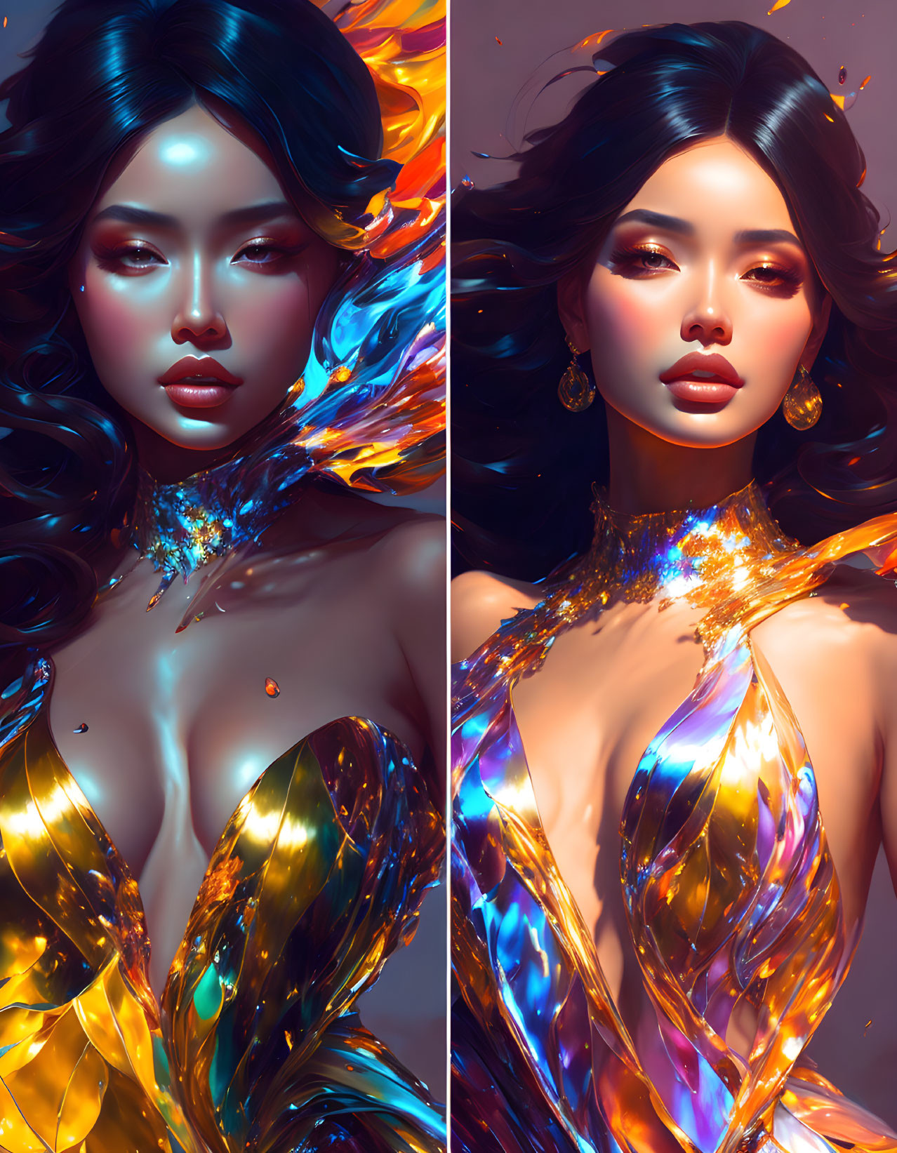 Vibrant digital artwork of woman with flowing hair and iridescent clothing