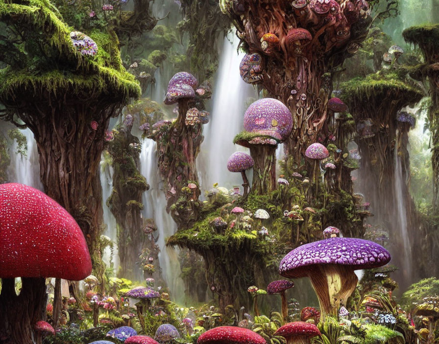 Enchanting forest with oversized mushrooms and lush greenery