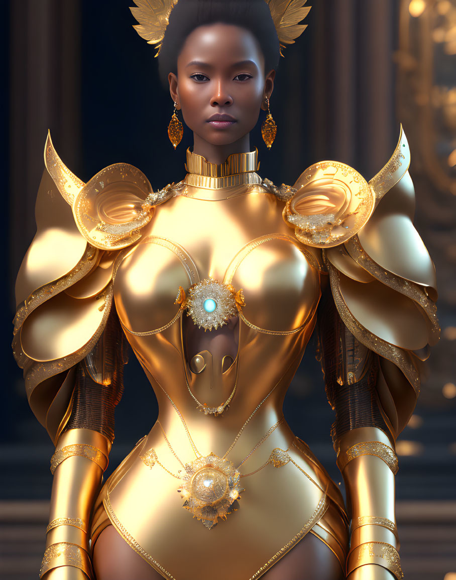 Regal figure in ornate golden armor with intricate detailing and gemstones