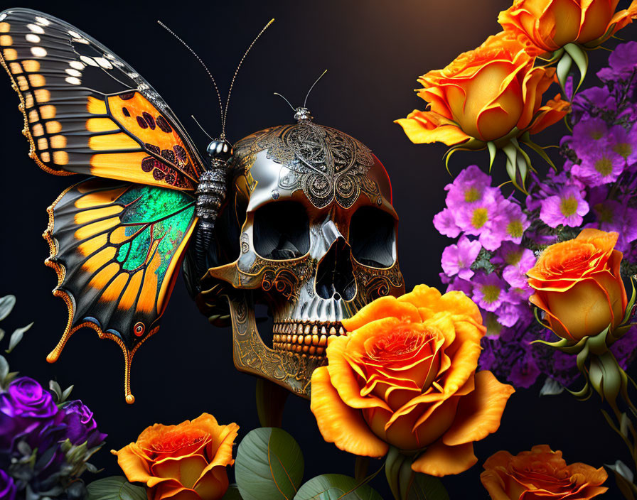 Colorful butterfly on metallic skull with flowers on dark background