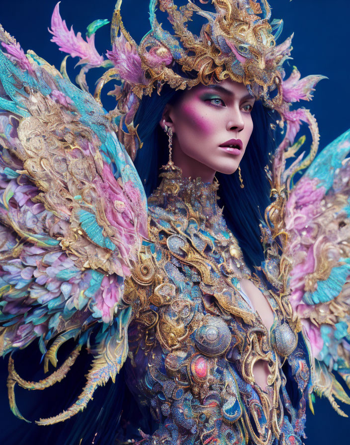 Golden headdress and armor on woman with feathered wings against blue background