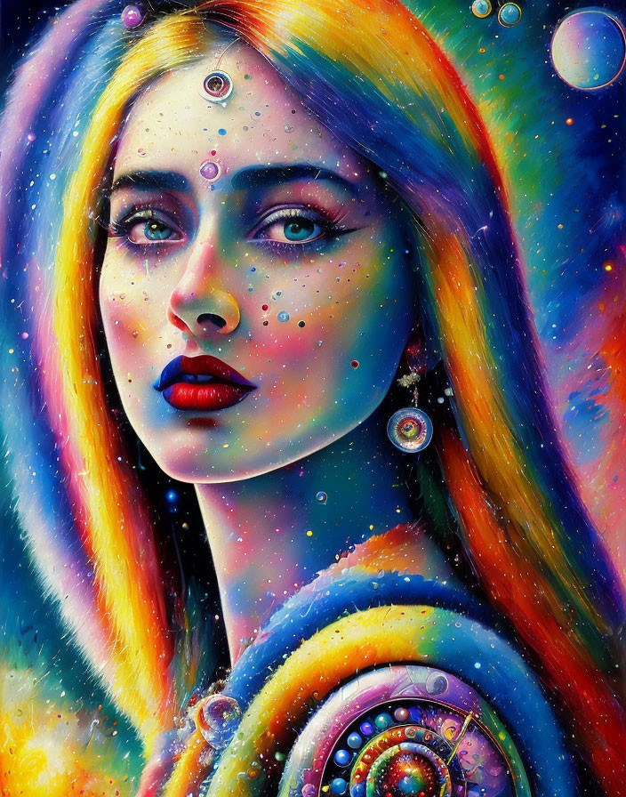 Vibrant portrait of woman with rainbow hair and cosmic motifs