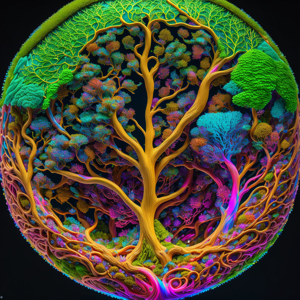 Colorful spherical tree art with intricate branches and coral-like textures on black background