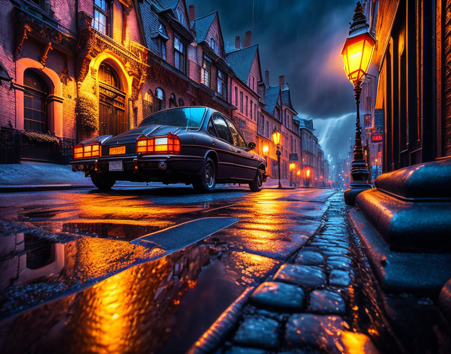 Vintage car on wet cobblestone street at twilight with glowing streetlamps and historic buildings under mo